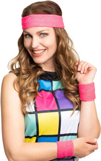 partychimp Foute 80s/90s party verkleed accessoire zweetbandjes set - neon roze- jaren 80/90 thema feestje