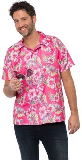 partychimp Luxe Hawaii Blouse Heren | Maat S| Roze | Carnaval | Verkleedkleding | Caribbean| Tropisch |Hawaii Shirt Heren |Overhemd