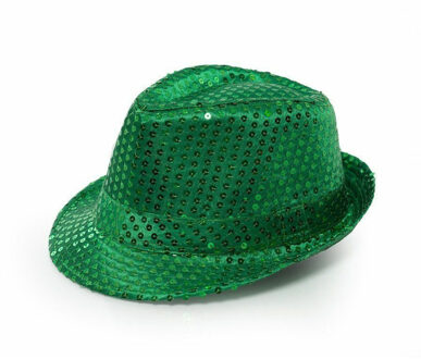 partychimp Trilby hoed met pailletten - groen - glitter - Verkleedhoofddeksels
