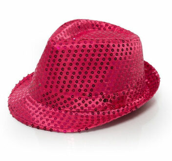 partychimp Trilby hoed met pailletten - roze - glitter - Verkleedhoofddeksels
