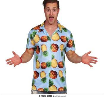 Partychimp Tropical party Hawaii blouse heren - ananas - blauw - carnaval/themafeest - Hawaii L