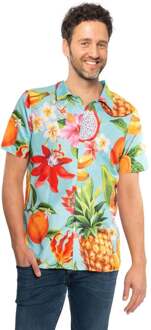 partychimp Tropical party Hawaii blouse heren - bloemen/fruit - blauw - carnaval/themafeest 48 (S)