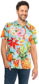 partychimp Tropical party Hawaii blouse heren - bloemen/fruit - blauw - carnaval/themafeest 54 (XL)