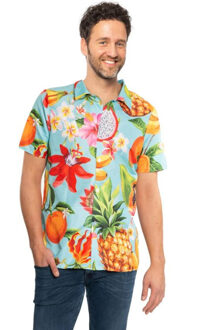 partychimp Tropical party Hawaii blouse heren - bloemen/fruit - blauw - carnaval/themafeest - plus size