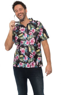 partychimp Tropical party Hawaii blouse heren - bloemen - roze - carnaval/themafeest - Hawaii 54 (XL)