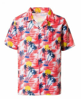 partychimp Tropical party Hawaii blouse heren - palmbomen - rood - carnaval/themafeest - Plus size