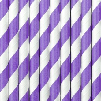 Partydeco 10x stuks gestreepte rietjes van papier lila paars/wit
