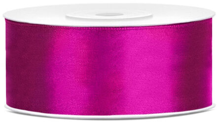 Partydeco 1x Fuchsia roze satijnlint op rol 2,5 cm x 25 meter cadeaulint verpakkingsmateriaal - Cadeaulinten