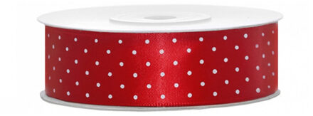 Partydeco 1x Hobby/decoratie rood satijnen sierlint met stippen 2,5 cm/25 mm x 25 meter Kersenrood