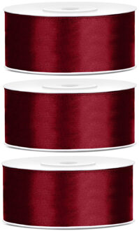 Partydeco 3x Bordeaux rode satijnlinten op rol 2,5 cm x 25 meter cadeaulint verpakkingsmateriaal - Cadeaulinten Rood