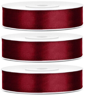 Partydeco 3x Bordeaux satijnlinten op rol 1,2 cm x 25 meter cadeaulint verpakkingsmateriaal - Cadeaulinten Rood