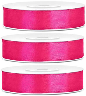 Partydeco 3x Donker roze satijnlinten op rol 1,2 cm x 25 meter cadeaulint verpakkingsmateriaal - Cadeaulinten