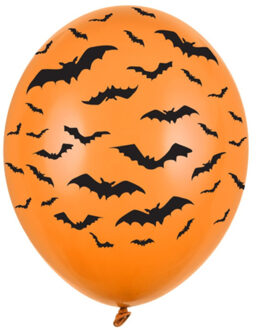 Partydeco 6x Oranje/zwarte Halloween ballonnen 30 cm met vleermuizen print