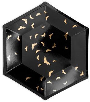 Partydeco 6x stuks Halloween papieren bordjes vleermuis zwart/goud 20 cm