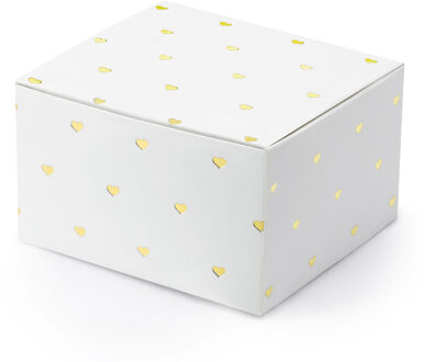 Partydeco cadeaudoosje Hartjes - Bruiloft - 10x - wit/goud - papier - 6 x 4 cm - Cadeaudoosjes