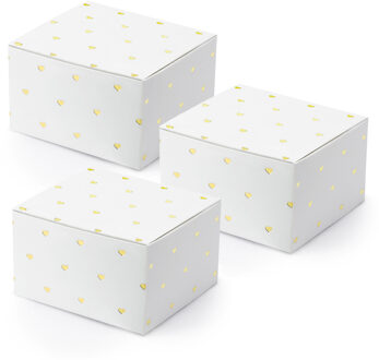 Partydeco Cadeaudoosje Hartjes - Bruiloft bedankje - 50x stuks - wit/goud - papier - 6 x 4 cm