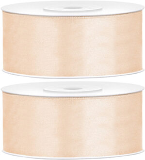 Partydeco Cadeaulint - 2x - creme - 2,5 cm x 25 meter - satijn - sierlint - inpakken - decoratie
