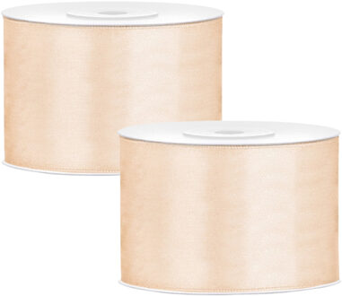 Partydeco Cadeaulint - 2x - creme - 5 cm x 25 meter - satijn - sierlint - inpakken - decoratie