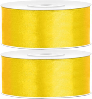 Partydeco Cadeaulint - 2x - geel - 2,5 cm x 25 meter - satijn - sierlint - inpakken - decoratie