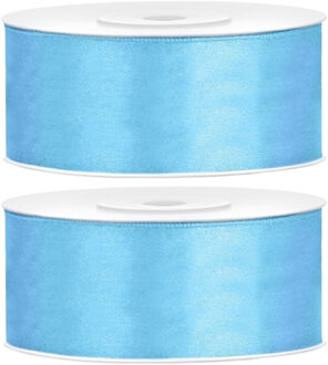 Partydeco Cadeaulint - 2x - lichtblauw - 2,5 cm x 25 meter - satijn - sierlint - inpakken - decorati