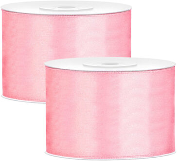 Partydeco Cadeaulint - 2x - lichtroze - 5 cm x 25 meter - satijn - sierlint - inpakken - decoratie