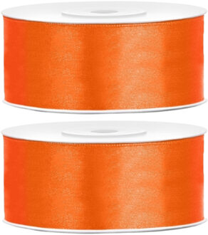 Partydeco Cadeaulint - 2x - oranje - 2,5 cm x 25 meter - satijn - sierlint - inpakken - decoratie