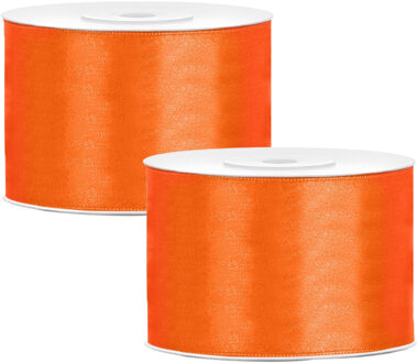 Partydeco Cadeaulint - 2x - oranje - 5 cm x 25 meter - satijn - sierlint - inpakken - decoratie