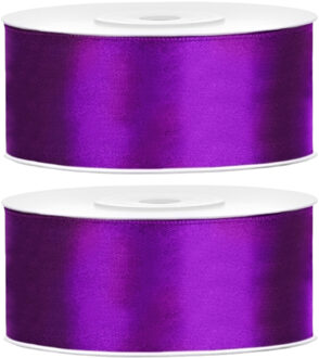 Partydeco Cadeaulint - 2x - paars - 2,5 cm x 25 meter - satijn - sierlint - inpakken - decoratie