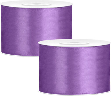 Partydeco Cadeaulint - 2x - paars - 5 cm x 25 meter - satijn - sierlint - inpakken - decoratie