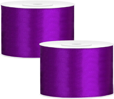 Partydeco Cadeaulint - 2x - paars - 5 cm x 25 meter - satijn - sierlint - inpakken - decoratie