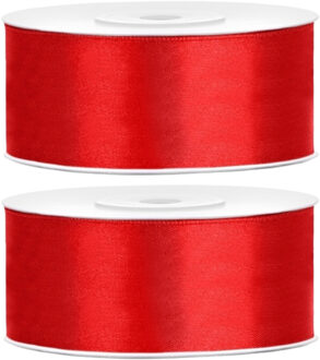 Partydeco Cadeaulint - 2x - rood - 2,5 cm x 25 meter - satijn - sierlint - inpakken - decoratie