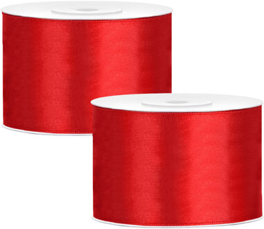Partydeco Cadeaulint - 2x - rood - 5 cm x 25 meter - satijn - sierlint - inpakken - decoratie