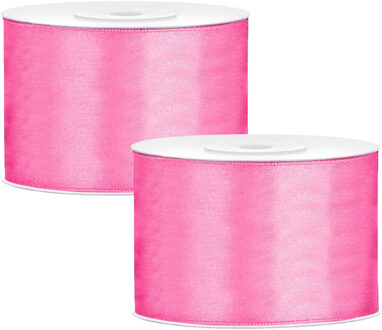 Partydeco Cadeaulint - 2x - roze - 5 cm x 25 meter - satijn - sierlint - inpakken - decoratie