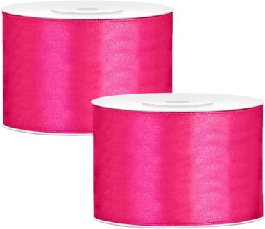 Partydeco Cadeaulint - 2x - roze - 5 cm x 25 meter - satijn - sierlint - inpakken - decoratie