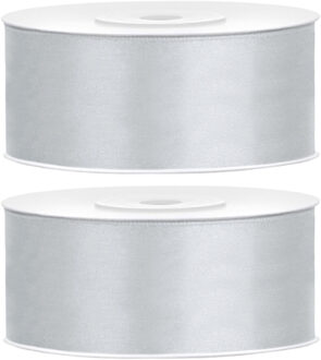 Partydeco Cadeaulint - 2x - zilver - 2,5 cm x 25 meter - satijn - sierlint - inpakken - decoratie