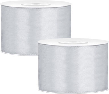 Partydeco Cadeaulint - 2x - zilver - 5 cm x 25 meter - satijn - sierlint - inpakken - decoratie