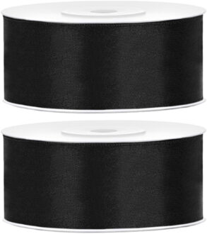 Partydeco Cadeaulint - 2x - zwart - 2,5 cm x 25 meter - satijn - sierlint - inpakken - decoratie