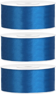 Partydeco Cadeaulint - 3x - blauw - 2,5 cm x 25 meter - satijn - sierlint - inpakken - decoratie