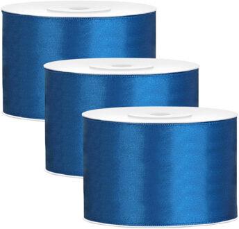Partydeco Cadeaulint - 3x - blauw - 5 cm x 25 meter - satijn - sierlint - inpakken - decoratie