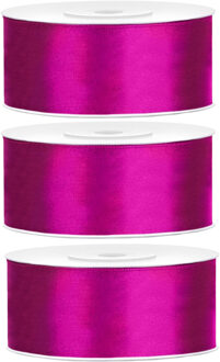 Partydeco Cadeaulint - 3x - fuchsia - 2,5 cm x 25 meter - satijn - sierlint - inpakken - decoratie
