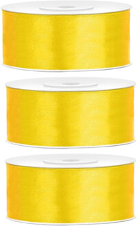 Partydeco Cadeaulint - 3x - geel - 2,5 cm x 25 meter - satijn - sierlint - inpakken - decoratie