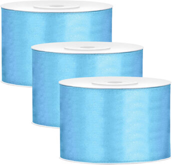 Partydeco Cadeaulint - 3x - lichtblauw - 5 cm x 25 meter - satijn - sierlint - inpakken - decoratie