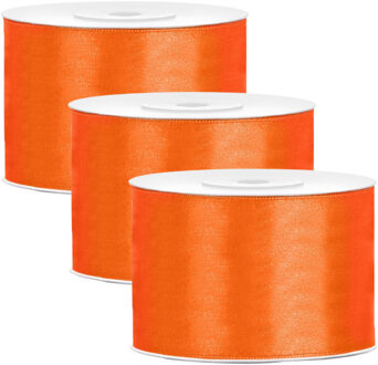 Partydeco Cadeaulint - 3x - oranje - 5 cm x 25 meter - satijn - sierlint - inpakken - decoratie