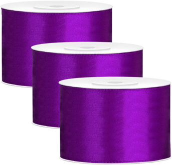 Partydeco Cadeaulint - 3x - paars - 5 cm x 25 meter - satijn - sierlint - inpakken - decoratie