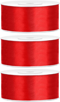 Partydeco Cadeaulint - 3x - rood - 2,5 cm x 25 meter - satijn - sierlint - inpakken - decoratie