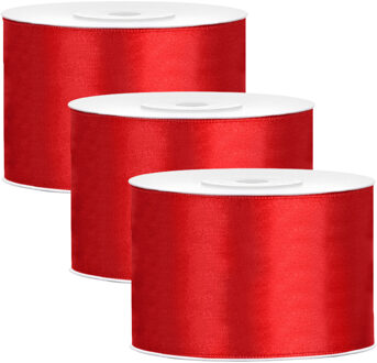 Partydeco Cadeaulint - 3x - rood - 5 cm x 25 meter - satijn - sierlint - inpakken - decoratie