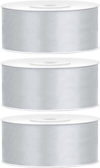 Partydeco Cadeaulint - 3x - zilver - 2,5 cm x 25 meter - satijn - sierlint - inpakken - decoratie