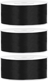 Partydeco Cadeaulint - 3x - zwart - 2,5 cm x 25 meter - satijn - sierlint - inpakken - decoratie