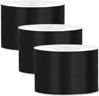 Partydeco Cadeaulint - 3x - zwart - 5 cm x 25 meter - satijn - sierlint - inpakken - decoratie
