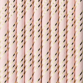 Partydeco Drinkrietjes - papier - 10x - roze/goud strepen - 19,5 cm - rietjes